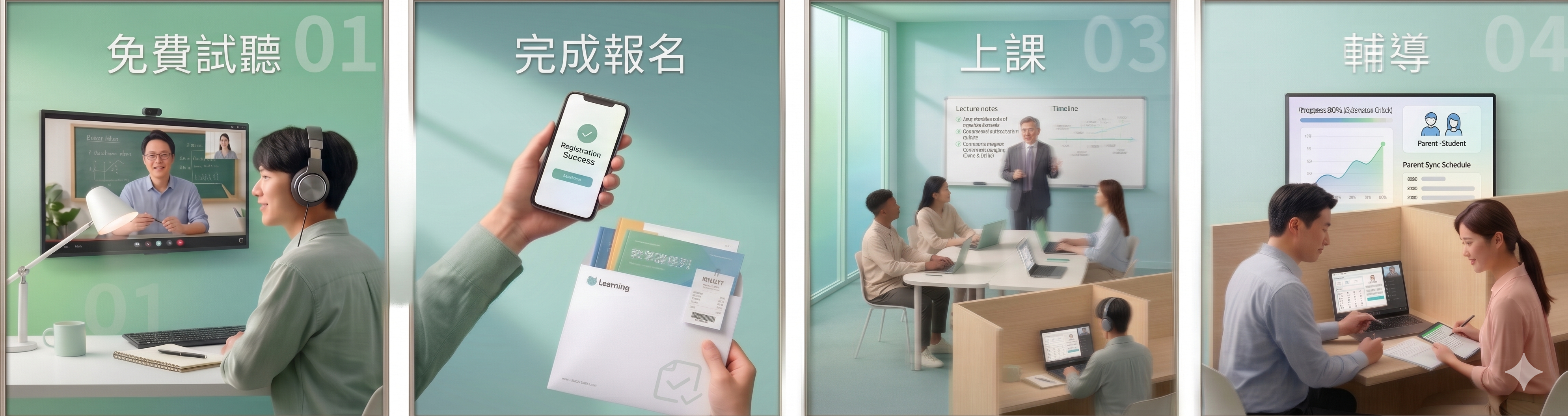 試聽 · 報名 · 上課 · 輔導